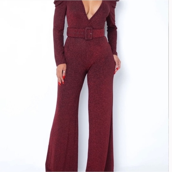 VALENTINE RED METALLIC COPPER JUMPSUIT. Size Med. Long sleeve. Wide Leg NWOT - Picture 3 of 10